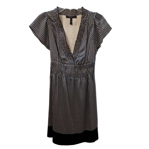 BCBG Maxazria Dress Small Petite Silk Black Beige Checked V-Neck Smocked Waist - Picture 1 of 7